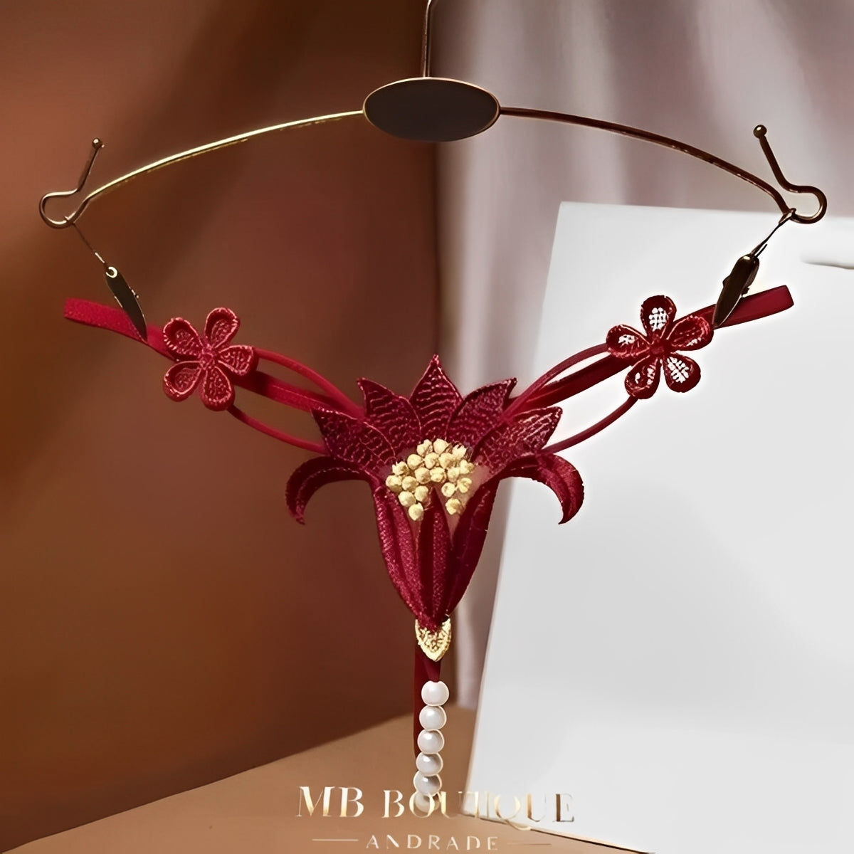 Calcinha Fio Dental com Pérolas em Renda Floral - Lingerie Sensual Feminina Luxo nas Cores Vermelho, Preto, Branco, Azul, Verde, Rosa e Roxo