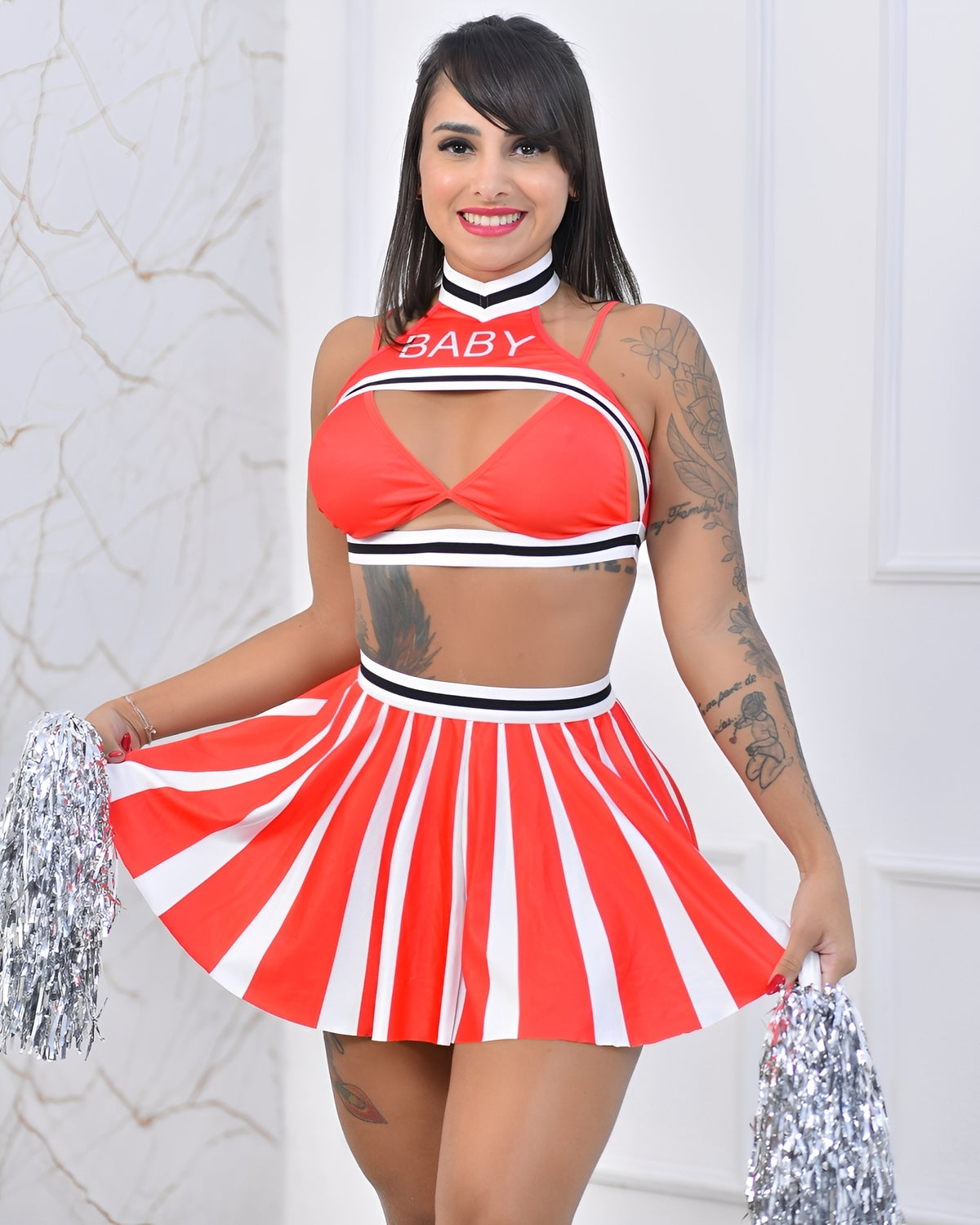 Fantasia de Líder de Torcida Sexy Vermelha com Pompons e Calcinha Fio Dental