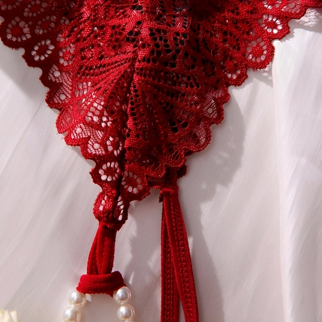 Calcinha Fio Dental Tailandesa Vermelha com Pérolas e Renda - Lingerie Sensual Feminina de Luxo P ao GG