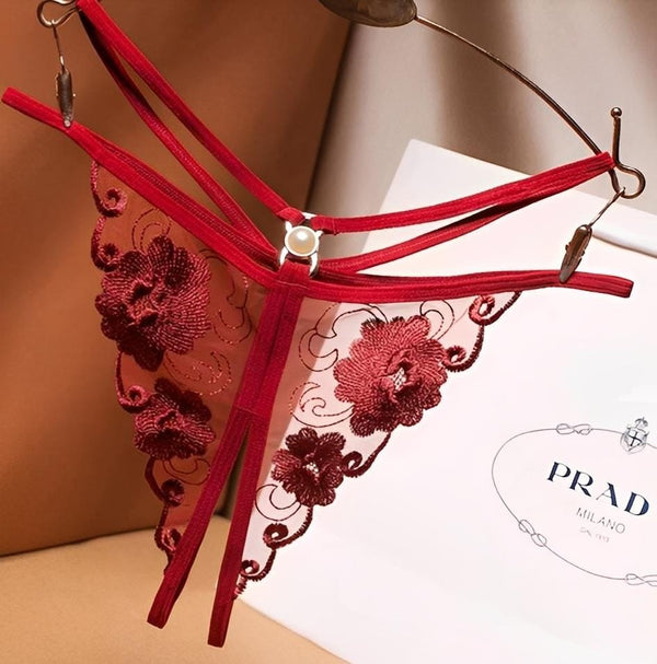 Calcinha Fio Dental Sexy - abertura inferior, Transparente com Bordado Floral e Pérola Central - Lingerie de Luxo Sensual Feminina - Presente sensual - Preto, Roxo, branco, vinho, vermelho