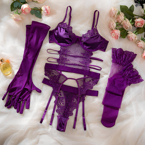 Conjunto Lingerie Sexy Roxo com Cinta-Liga, Meias e Luvas – Lingerie Sensual Feminina de Luxo