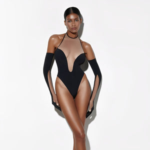 Body Preto Sexy com Transparência Profunda e Luvas Longas – Lingerie Sensual Feminina Cavada de Luxo