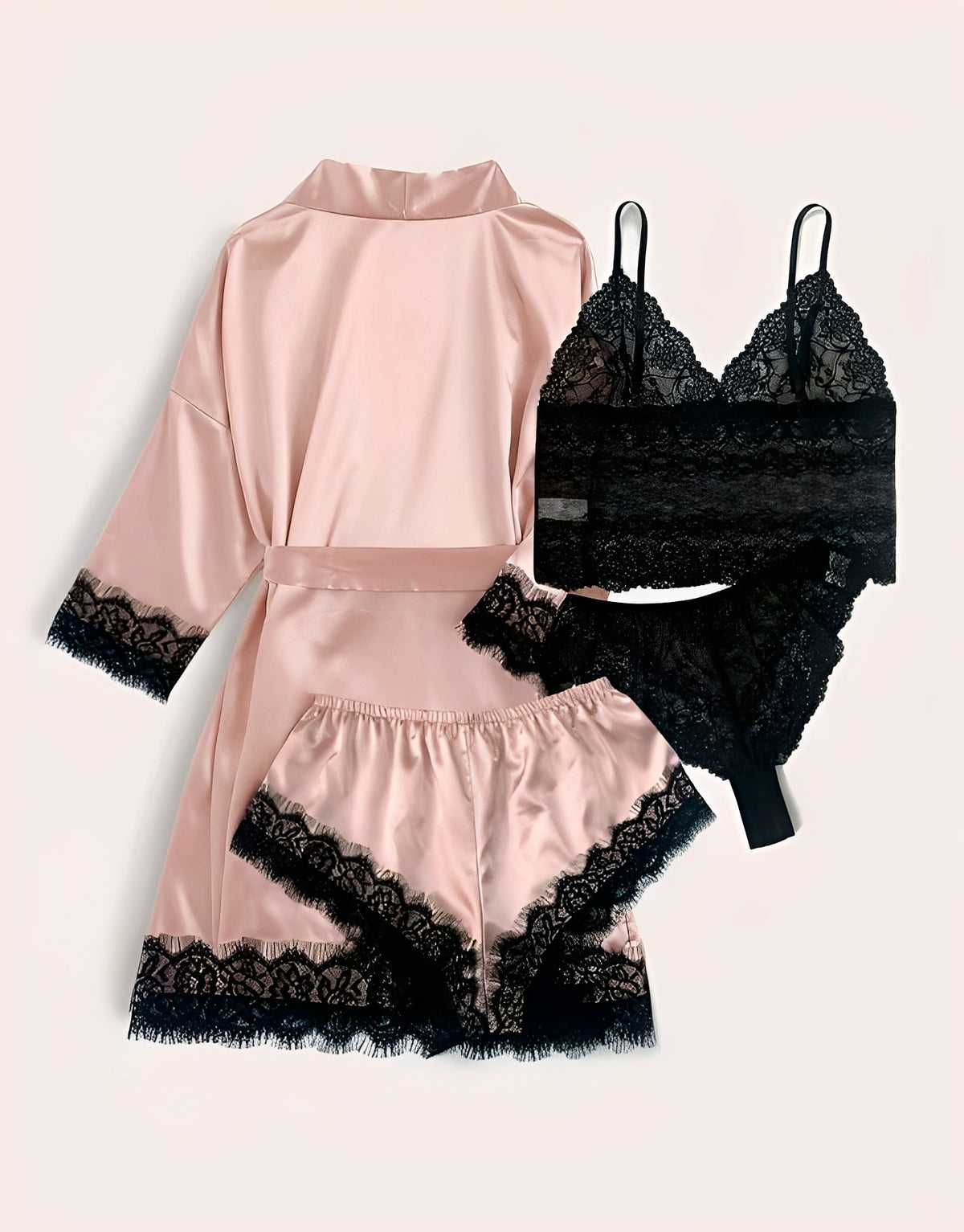 Kit Sensual Rosa 4 Peças de Cetim e Renda – Robe, Short, Top e Calcinha Preta P ao GG