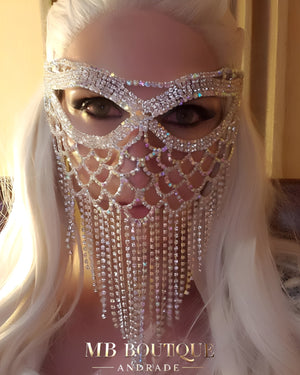Máscara Veneziana de Luxo em Strass com Franjas Longas – Máscara Sexy e Glamourosa para Festa