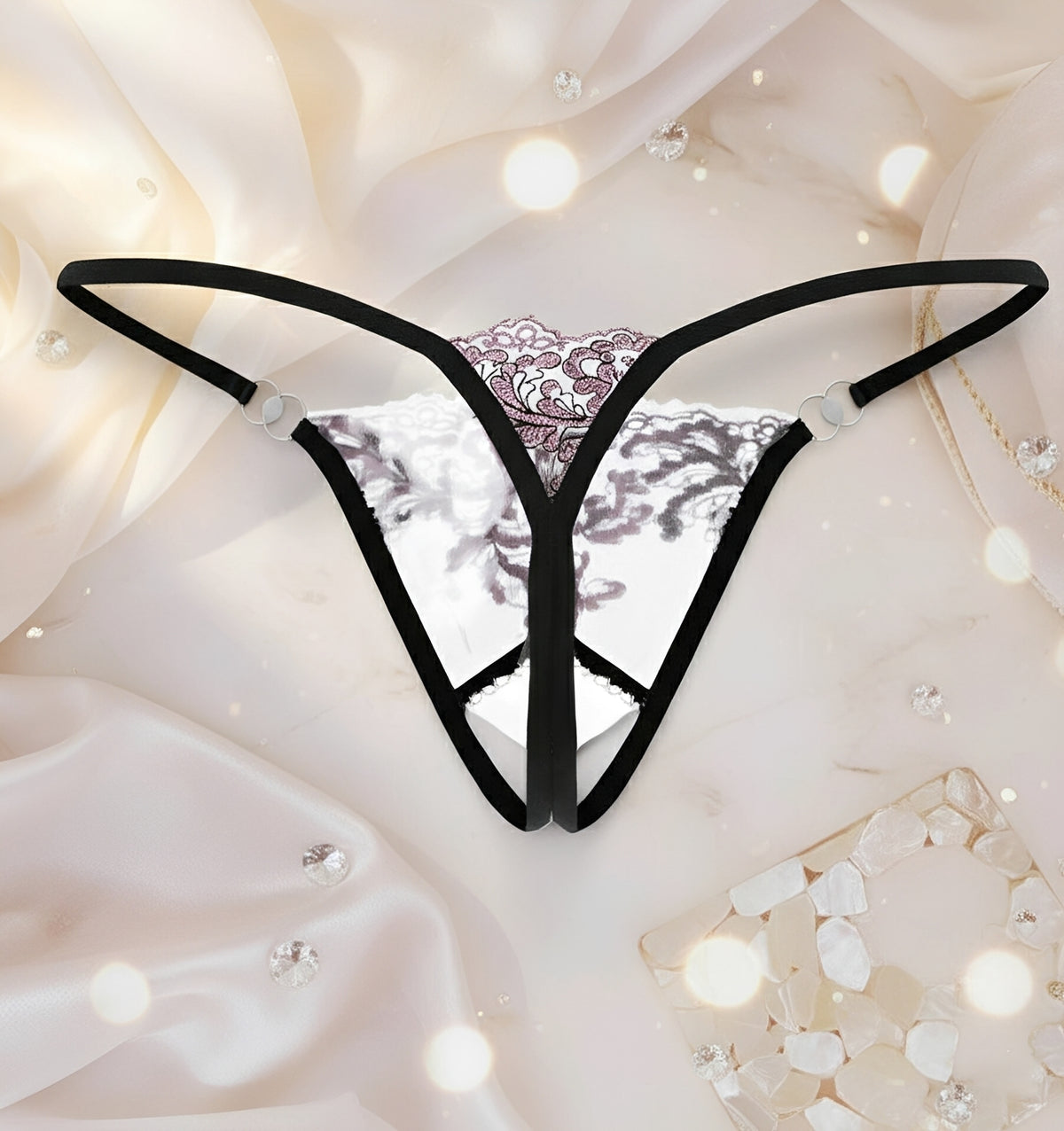Calcinha Fio Dental com Abertura Inferior e Corrente Removível - Lingerie Sensual em Renda Transparente Preto e Branco (P ao GG)