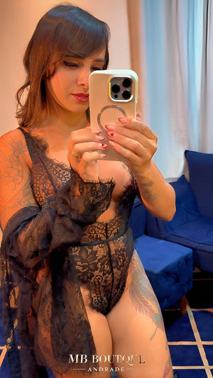 Body de Renda com Robe Feminino e Cinto de Cetim - Lingerie Sensual Elegante sem Bojo e sem Aro - Preto, Vermelho, P ao GG