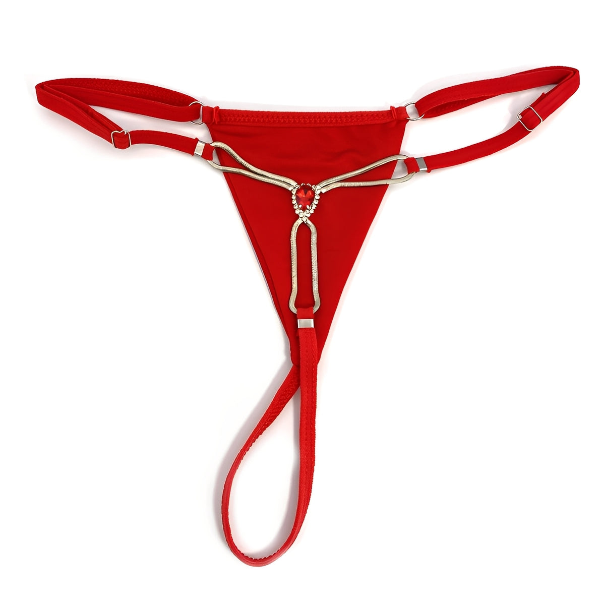 Calcinha Fio Dental Luxo com Pedra Vermelha em Strass e Corrente Metálica - Lingerie Sensual Feminina - Cores vermelho, Preto e branco