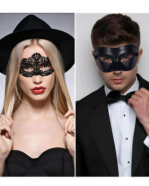 Kit 2 Máscaras Venezianas Pretas para Casal – Baile de Máscaras, Fantasia Elegante e Sedutora