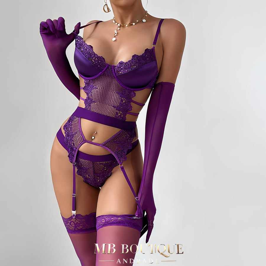 Conjunto Lingerie Sexy Roxo com Cinta-Liga, Meias e Luvas – Lingerie Sensual Feminina de Luxo
