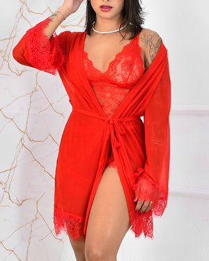 Conjunto Valentina - Noite Vermelha – Conjunto com Robe e Renda Elegante - P ao GG
