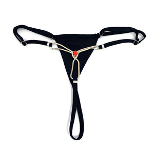 Calcinha Fio Dental Luxo com Pedra Vermelha em Strass e Corrente Metálica – Lingerie Sensual Feminina - Cores vermelho, Preto e branco