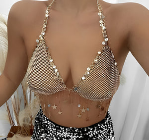 Top Chain Brilho Estrelado em Metal Dourado e Prata – Lingerie Fashion Exclusiva, Sexy e Ousada
