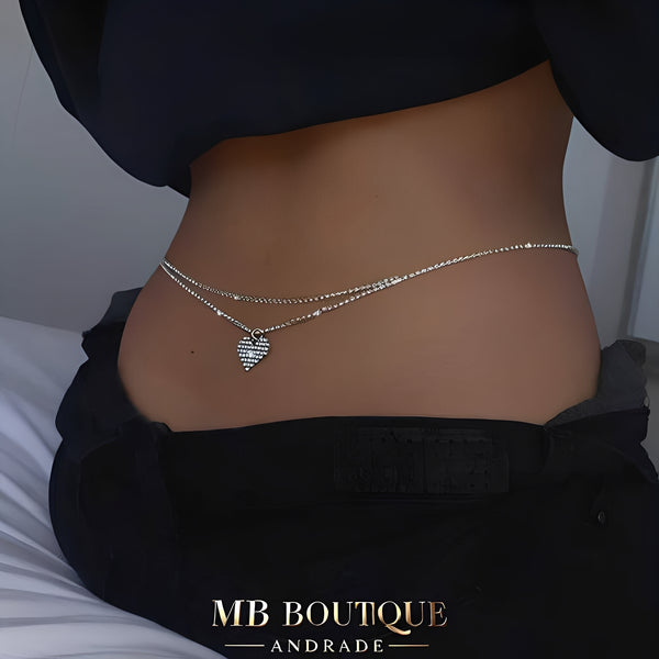 Cinto de Strass Prata - Duplo com Pingente de Coração – Ajustável e Sofisticado