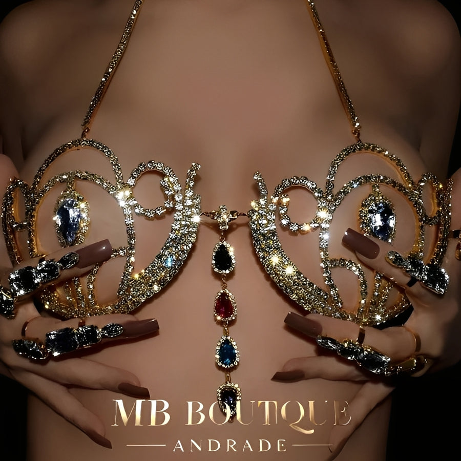 Sutiã Strass Luxo com Pedras Coloridas – Dourado e Prata, Exclusivo P ao G