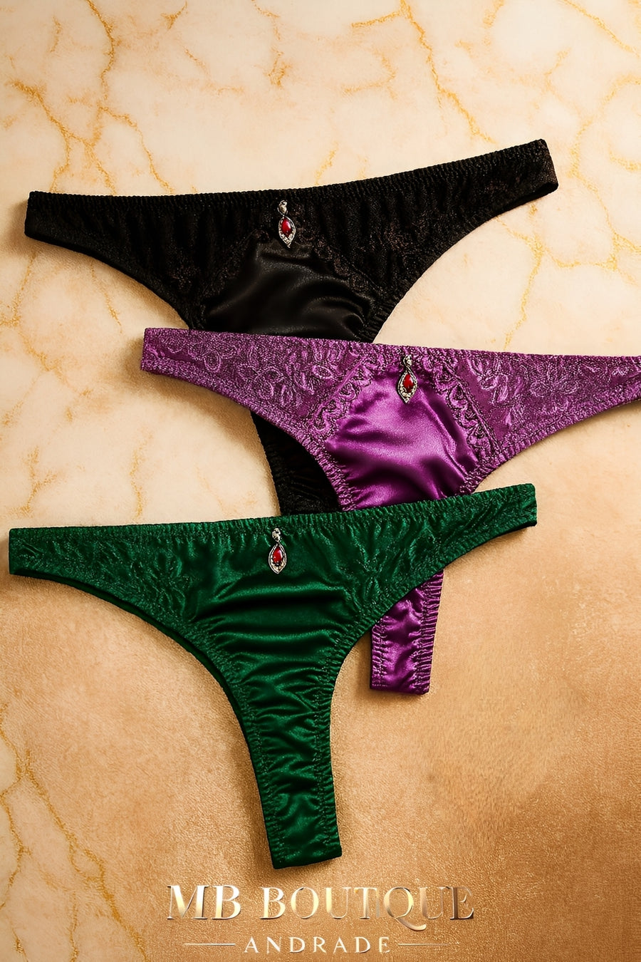 Kit com 3 Calcinhas Fio Dental Acetinadas com Joia - Lingerie Sensual para presentear
