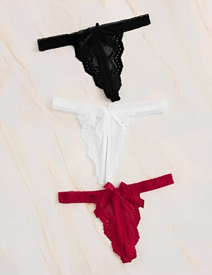 Kit com 3 Calcinhas Fio Dental em Renda com Laço – Preto, Branco e Vermelho | Lingerie Sensual e Exclusiva
