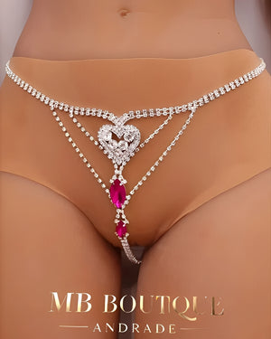 Calcinha Luxo - Joia Coração com Correntes de Strass e Pedras Pink – Coleção Gold