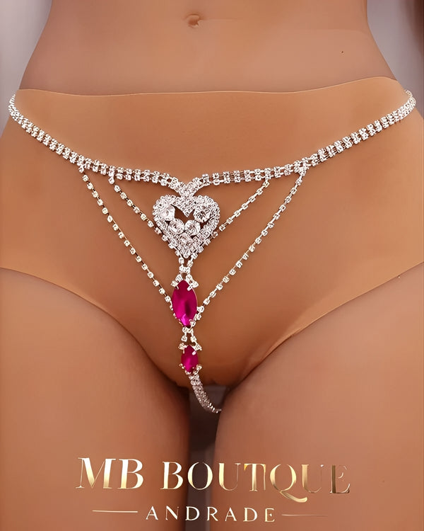 Calcinha Luxo - Joia Coração com Correntes de Strass e Pedras Pink – Coleção Gold