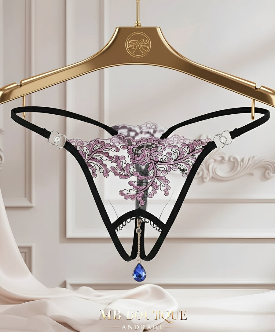 Calcinha Fio Dental com Abertura Inferior e Corrente Removível – Lingerie Sensual em Renda Transparente Preto e Branco (P ao GG)