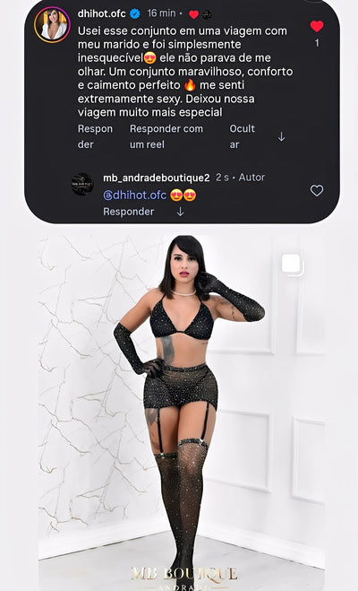Conjunto Sensual Preto com Brilho e Strass - Inclui Meia 7/8, Top, Calcinha, Saia e Luvas
