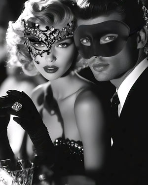 Kit Máscara Veneziana Luxo em Metal com Brilho + Máscara Clássica Preta Unissex - Fantasia de Casal, Festa à Fantasia, Baile de Máscaras, Acessório Sensual e Elegante