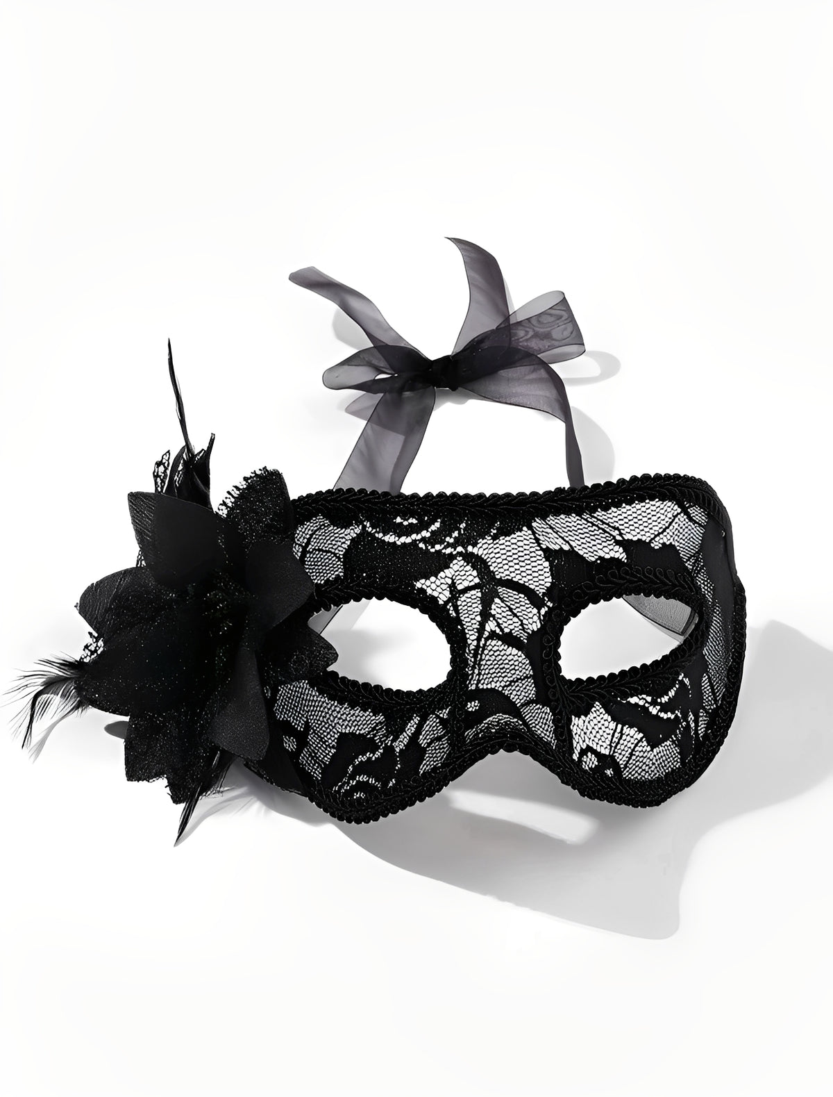 Máscara Veneziana de Renda com Flor Lateral e Laço em Cetim – Preto ou Vermelho | Fantasia Sensual e Elegante para Bailes e Sedução