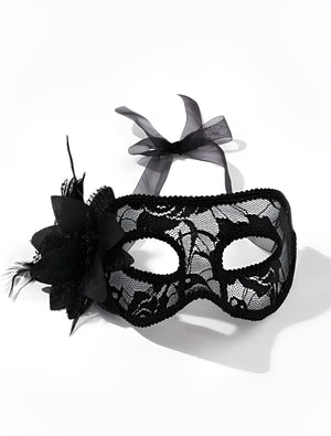 Máscara Veneziana de Renda com Flor Lateral e Laço em Cetim – Preto ou Vermelho | Fantasia Sensual e Elegante para Bailes e Sedução