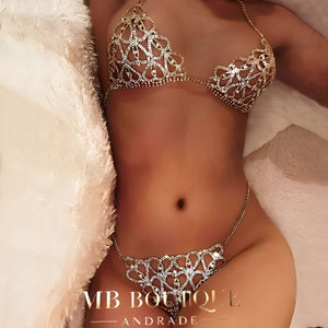 Conjunto Luxo com Strass – Sutiã e Calcinha Sensual (Prata ou Dourado) – Coleção Gold