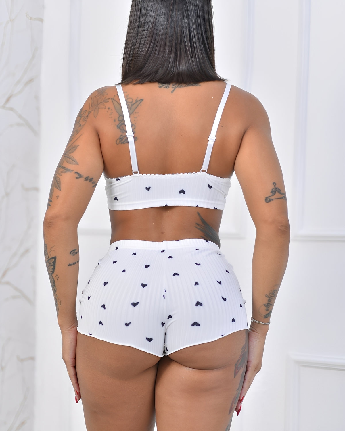 Short Doll Branco Feminino com Estampa de Corações – Conjunto Lingerie Romântica e Confortável P ao GG