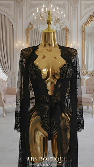 Body de Renda com Robe Feminino e Cinto de Cetim - Lingerie Sensual Elegante sem Bojo e sem Aro - Preto, Vermelho, P ao GG