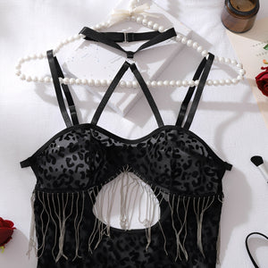 Vestido de Lingerie Preto Animal Print com Franjas em Corrente – Sensual, Sexy e Exclusivo para Noite Especial