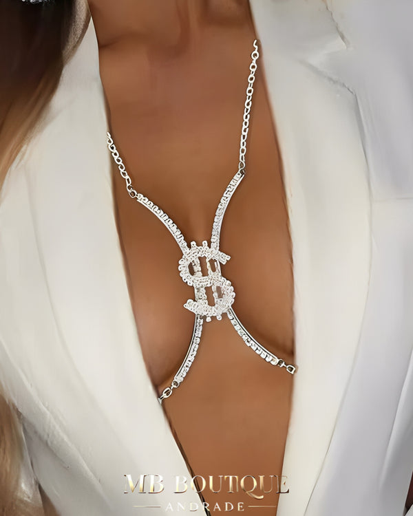 Colar Corporal Feminino em Strass com Símbolo de Dólar – Acessório Sensual de Luxo para Festa e Balada