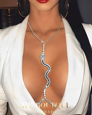 Colar Feminino Prata Serpente em Strass – Colar Longo Ajustável Elegante