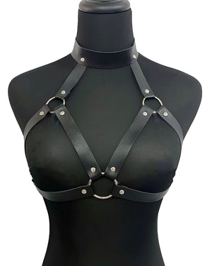 Harness de Couro Preto com Argolas Metálicas – Lingerie Fetichista e Sensual