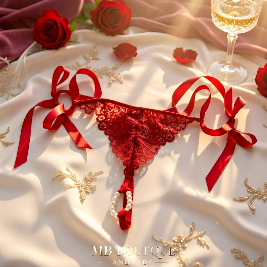 Calcinha Fio Dental Tailandesa Vermelha com Pérolas e Renda - Lingerie Sensual Feminina de Luxo P ao GG