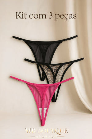 Kit com 3 Calcinhas Fio Dental em Tule e Animal Print com Detalhe Borboleta - Lingerie Sensual e Exclusiva - P ao GG