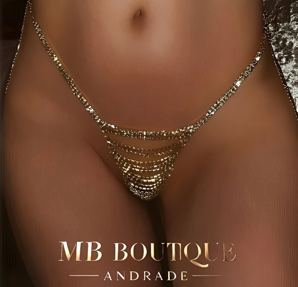 Calcinha Corrente com Strass – Coleção Gold | Lingerie Joia de Luxo - Para noites ousadas