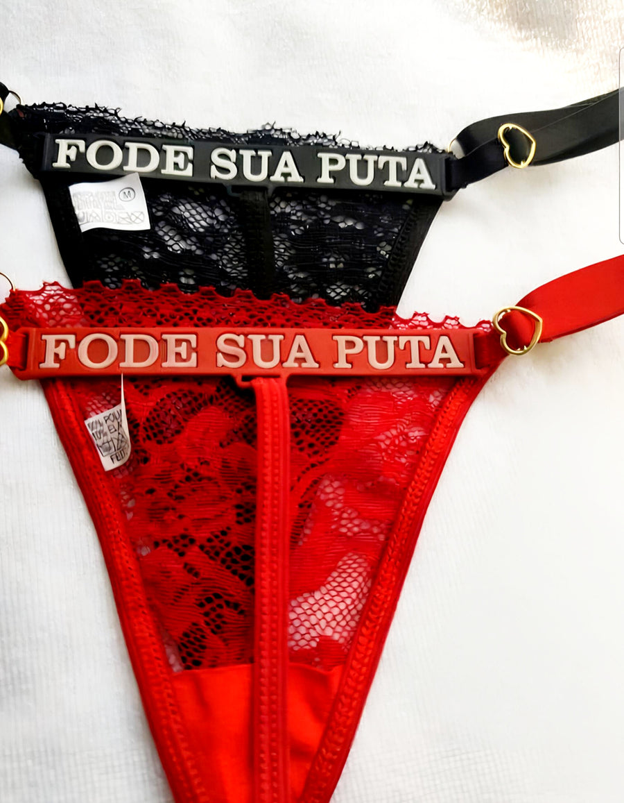 Calcinha Fio Dental Regulável em Renda Vermelha e Preta P ao GG - Lingerie Sexy Feminina Transparente com Ajuste Lateral