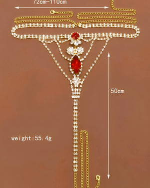 Calcinha Joia Luxo com Pedras Vermelhas e Correntes de Strass – Coleção Gold | Lingerie Luxuosa