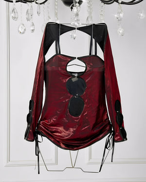 Vestido Sensual Vinho Metalizado com Recortes Frontais e mini blusa de manga longa – Moda Festa e Noite Ousada