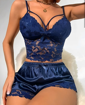 Conjunto Lingerie de Cetim e Renda Azul Marinho – Short Doll Sexy Feminino sem Bojo