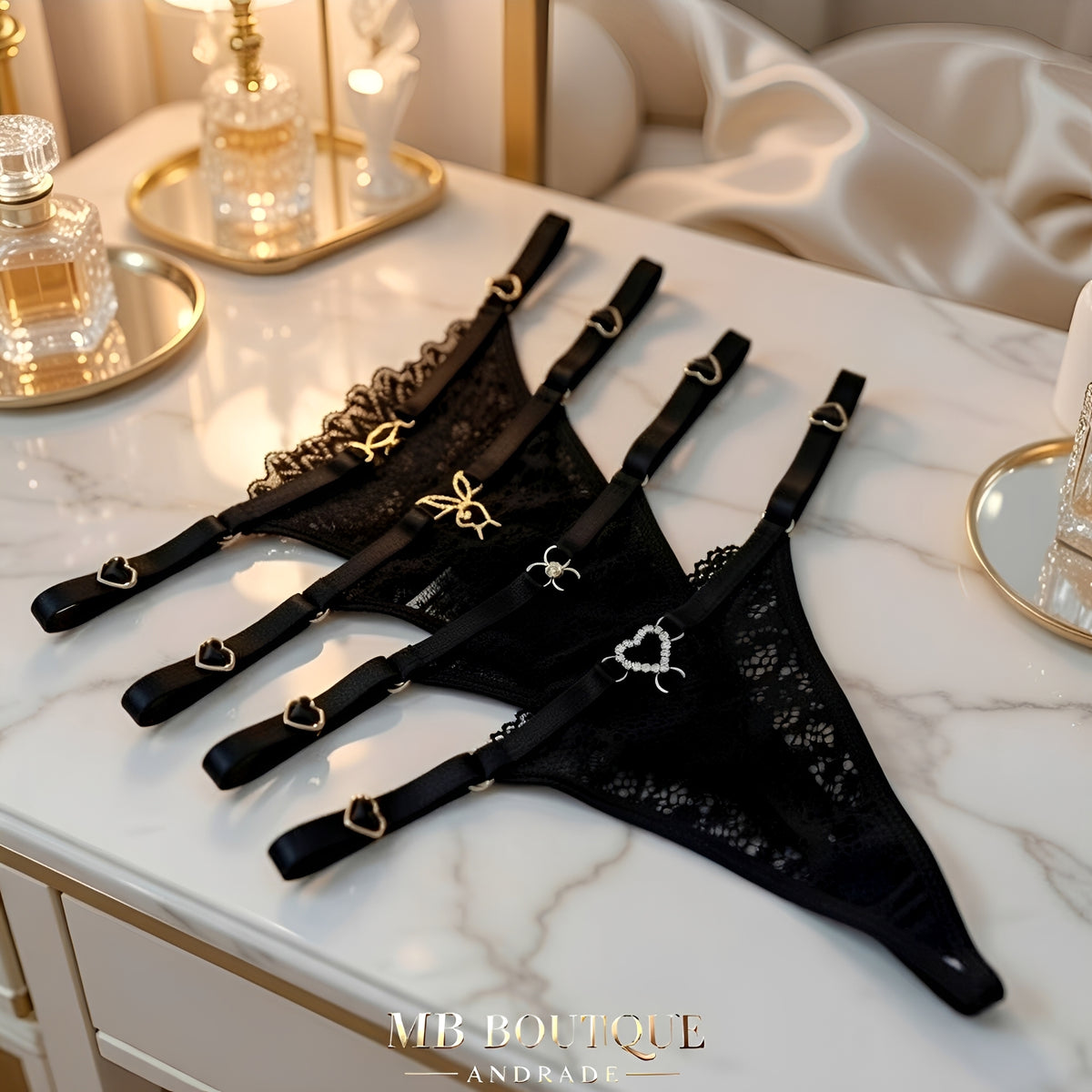Kit 4 Calcinhas Fio Dental em Renda com Regulagem - Lingerie Sensual Feminina Preto e Vermelho com Detalhes em Coração e Strass Playboy, coração, boca e flor - P ao GG