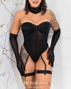 Body Dominique Noir com Gargantilha, Luvas e ligas de perna – P ao GG