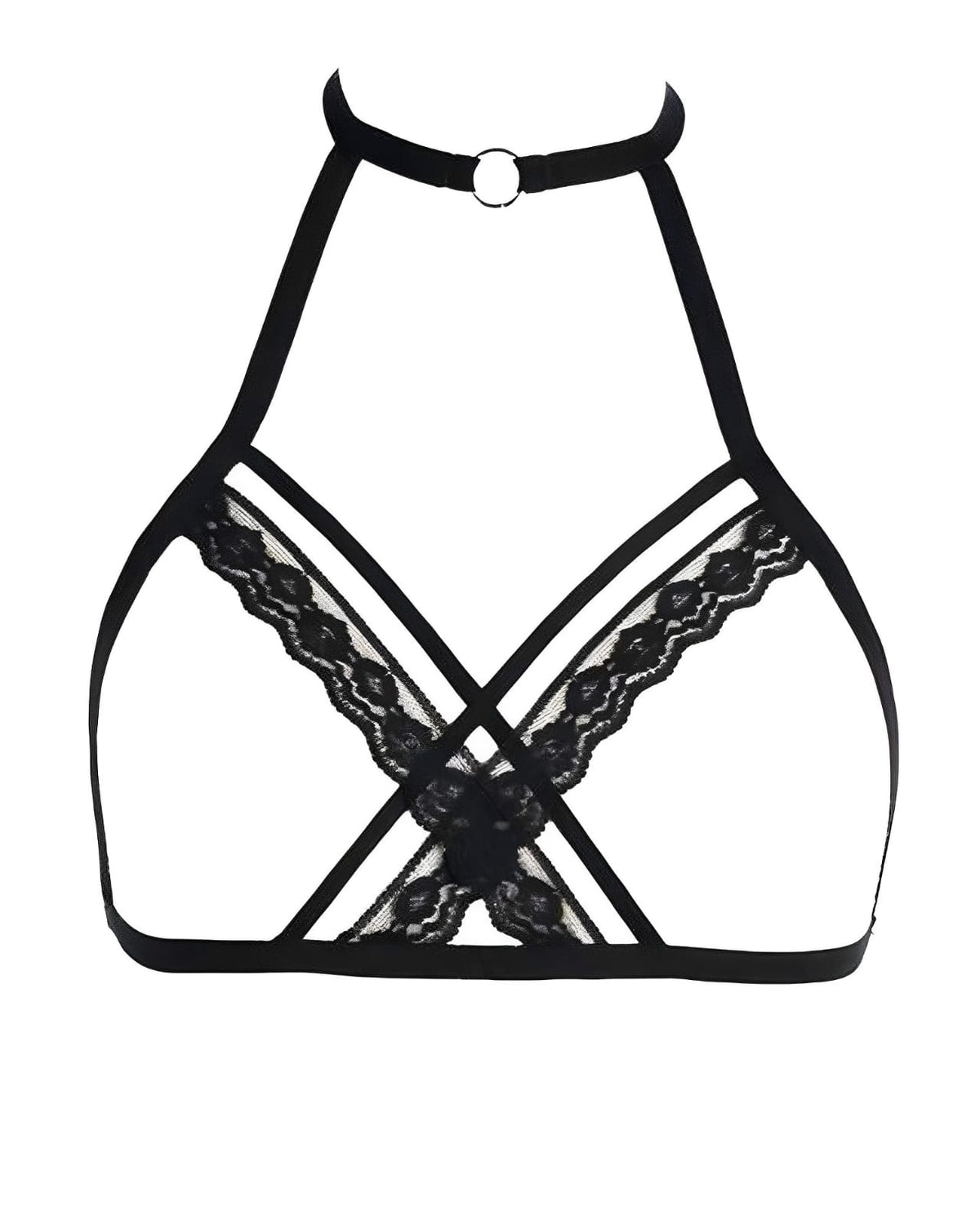 Sutiã Preto Strappy de Renda com Tiras e Argola – Sem Bojo e Sem Aro (P ao GG) - 1 peça