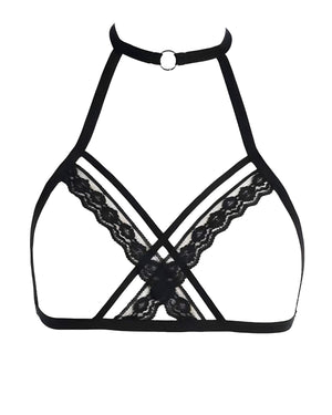 Sutiã Preto Strappy de Renda com Tiras e Argola – Sem Bojo e Sem Aro (P ao GG) - 1 peça