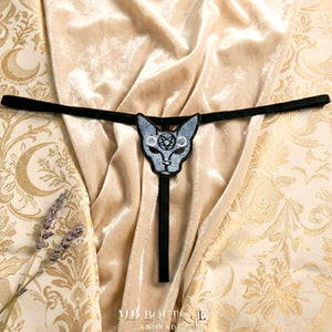 Calcinha Fio Dental Preta Gatinha Bordada - Lingerie Sensual Feminina Diferenciada P ao GG