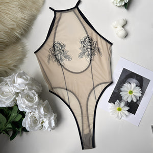 Body Sensual Nude em Tule Transparente com Bordado Floral - Lingerie Feminina Elegante e Sofisticada