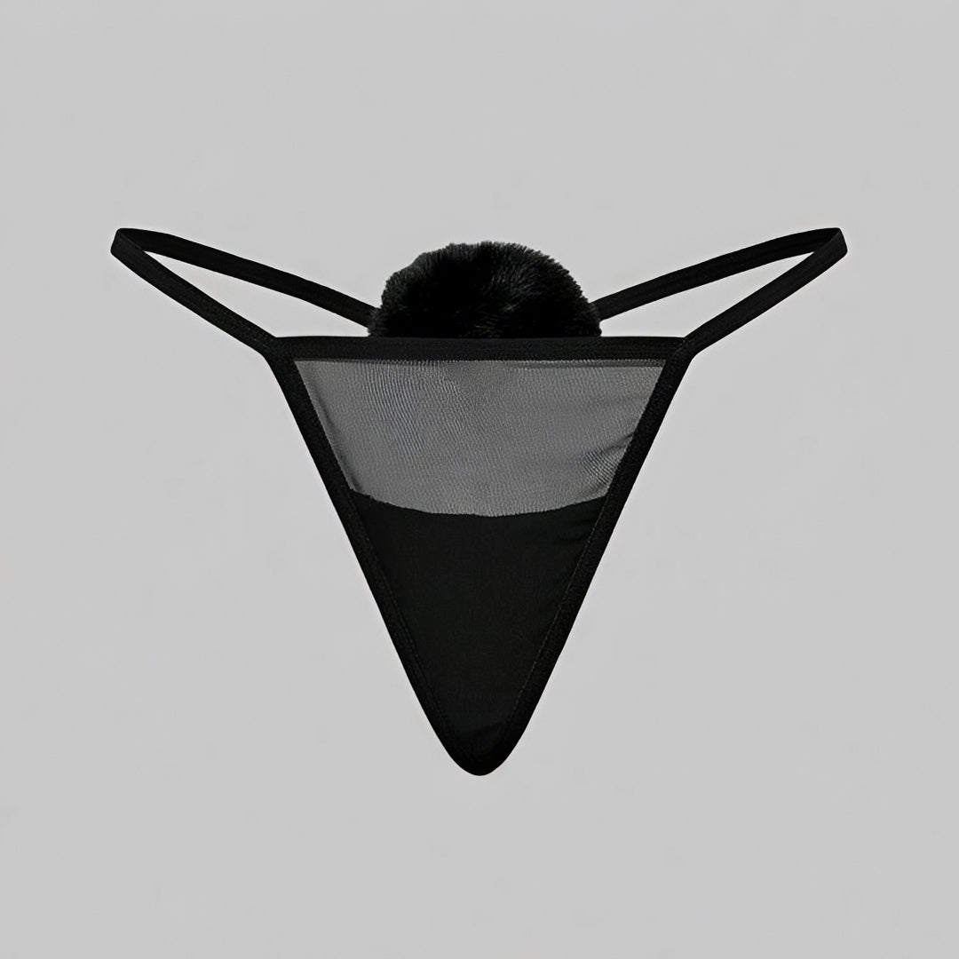 Calcinha Fio Dental Coelhinha com PomPom - Lingerie Sensual em Tule Transparente Rosa, Preto ou Branco | Calcinha Sexy Feminina P ao GG