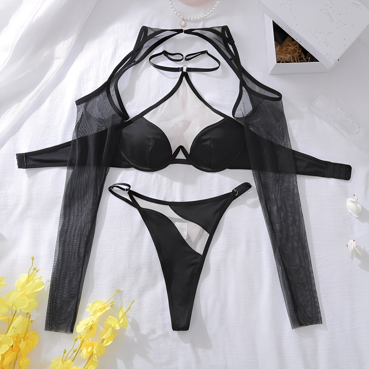 Conjunto de Lingerie Preta Sexy com Aro e Transparência – Sutiã com Mangas Longas + Calcinha Fio Dental Sem Bojo