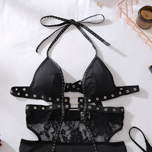 Vestido Sensual Preto Curto com Renda, Argolas e Calcinha Fio Dental – Lingerie Sexy e Ousada para Noite Especial